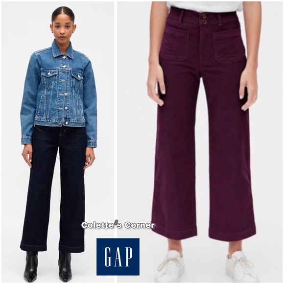 Gap Burgundy Corduroy High Rise Wide-Leg Crop Patch Pocket Jeans - Picture 1 of 4